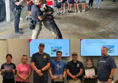 Collage image: Top: Young people in navy t-shirts watch two police officers with a K9 German Shepard, Bottom: Young people stand next to first responders posed