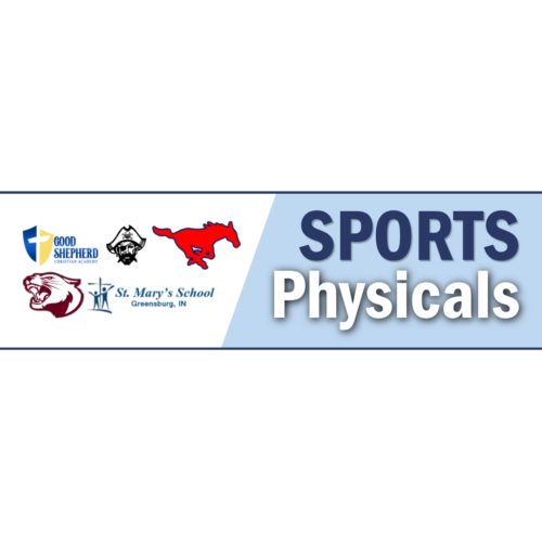 Sports physicals event featuring logos of Good Shepherd Christian Academy, Greensburg Community Schools, North Decatur Jr./Sr. High School, South Decatur Jr./Sr. High School, and St. Mary’s School in Greensburg, Indiana