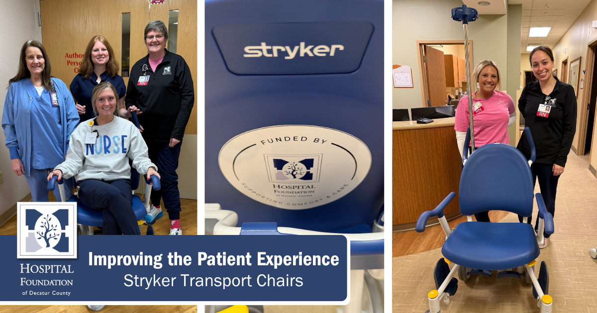 DCMH staff seated in the new Stryker Transport Chairs, showing the transport chairs, and the backside of the transport chairs which were funded by the Hospital Foundation of Decatur County